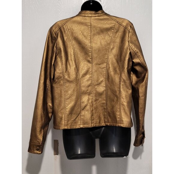 Baccini Metallic Gold Faux Leather Biker Motorcycle Bomber Jacket Women Sz M - Picture 2 of 12